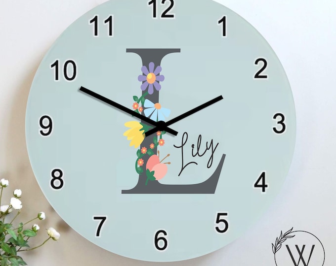 Personalised Clock For Girls, Custom Floral Initial with Name Kids Bedroom Wall Clock, Girls Bedroom Decor Clock,Christmas Gift for Daughter