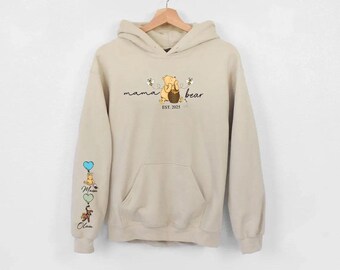 Personalisierte Mama Bär Hoodie. Mama Hoodie mit Kindernamen auf dem Ärmel. Geschenke für neue Mama Muttertag. Mama Bär Pullover, Schwangerschaft zeigen Geschenke