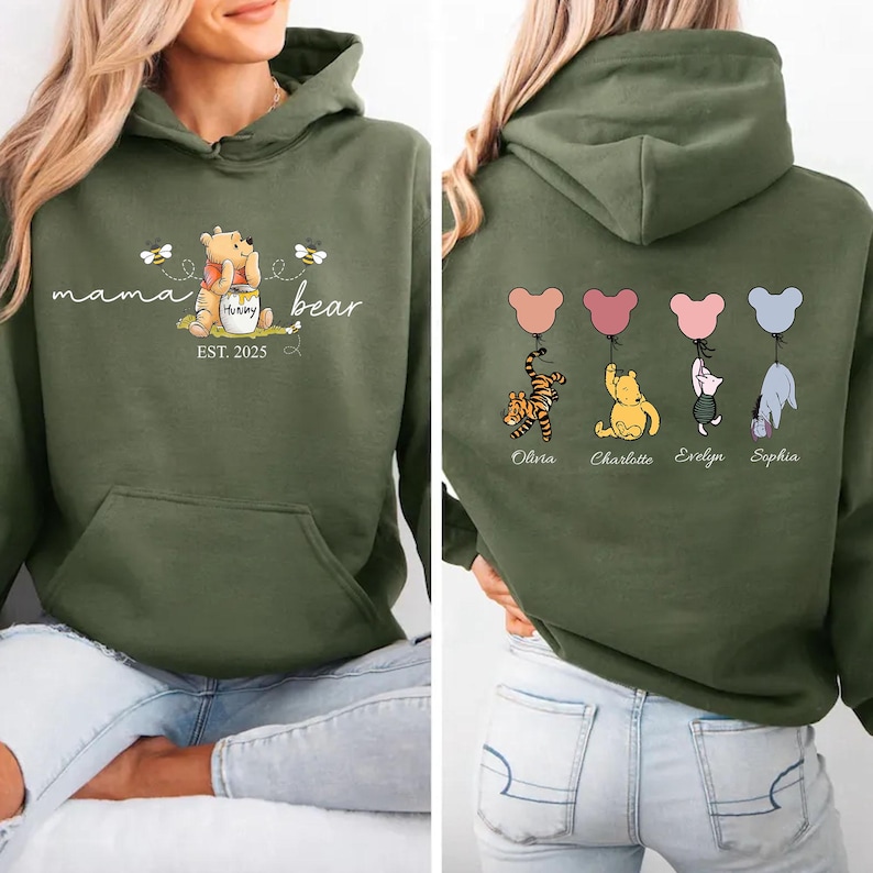 Mama Bear Hoodie, Custom Mothers Day Hoodies with Names on Back, Custom Momma Hoodie, New Mum Gift, Hoodie gift for Mum, Present for New Mom Military Green