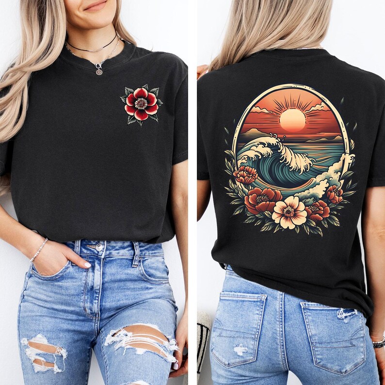May include: Black t-shirt with a floral design on the left side and a sunset wave design on the back. The wave design features a blue wave with a red sun and a red, orange, and yellow sky.