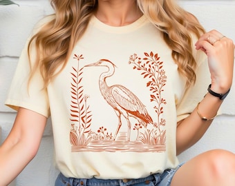 Great Blue Heron Shirts, Linocut Bird Printed T-Shirt, Wildlife Nature Tee for Women, Nature Shirt, Outdoor Camping Tees, Bird Lover Gifts