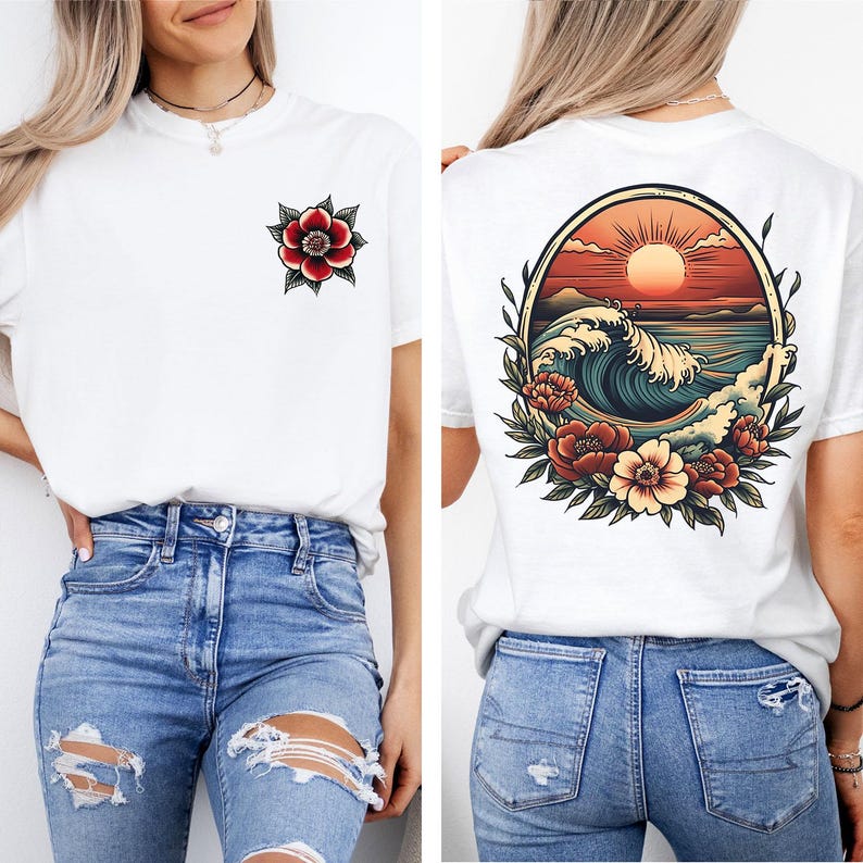 May include: White t-shirt with a red flower on the left chest and a vintage-style illustration of a wave, sun, and flowers on the back.