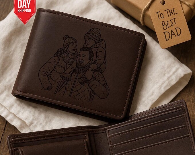 Cartera personalizada con retrato de papá, cartera de cuero grabada personalizada, regalo para el Día del Padre, regalo para papá primerizo, revelación de bebé, cartera con escritura a mano para él