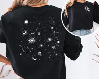 Bluza z motywem księżyca, bluza z okrągłym dekoltem w gwieździstą noc, prezent astrologiczny z fazą księżyca, sweter w stylu boho w stylu kosmicznym, czarujące, duchowe swetry dla niej
