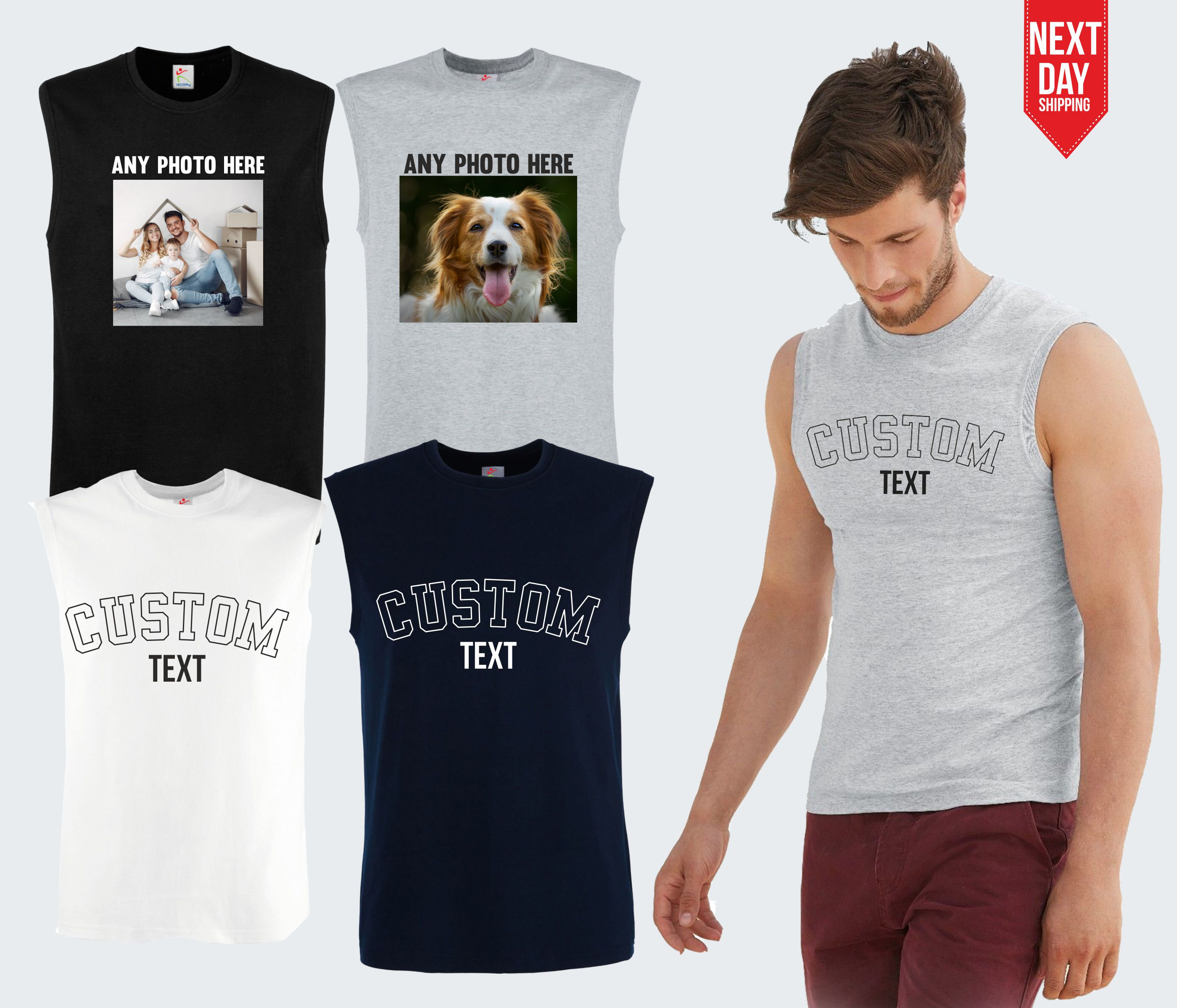 Personalised Text/Photo Mens Vests, Custom Photo & Text Printed Tank Tops, Your Own Text Gym Workout Vests, Valentine Gifts for Boyfriend