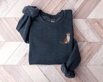 Sweat-shirts brodés de loutres, Cadeaux mignons pour les amoureux des loutres, Pull ras du cou unisexe, Broderie animale, Vêtements d'hiver douillets, Cadeaux pour les amoureux des loutres