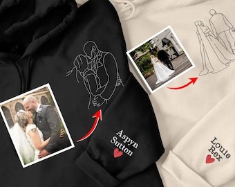Personalised Sketch Portrait Hoodies, Embroidered Outline Drawing Comfy Hoody, Custom Couples Date On Sleeve Jumpers, Memorial Gifts for Him