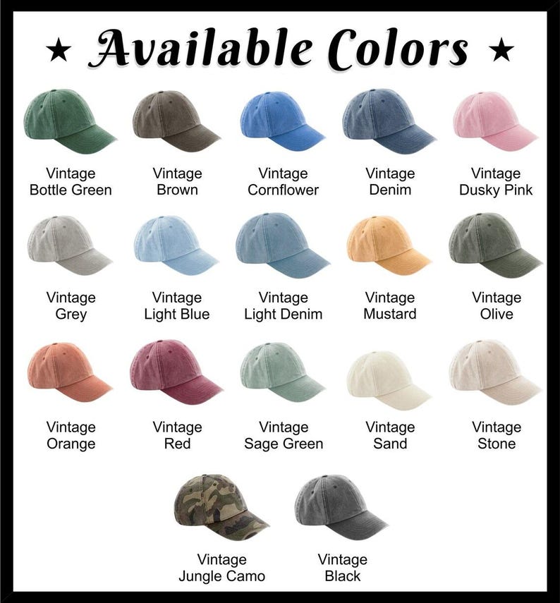 May include: A display of various vintage-style baseball caps in a variety of colors, including green, brown, blue, pink, grey, orange, red, and black. The text "Available Colors" is at the top.