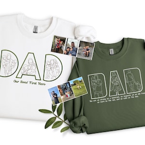 Embroidered Dad Outline Portrait Sweatshirt, Personalised Sketch from Photo Sweater, Kids Names on Sleeve Jumper, Father&#39;s Day Gifts for Dad