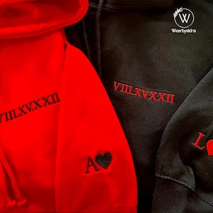 Roman Numeral Embroidered Hoodies, Custom Valentines Day Couple Hoodies, Custom Initials With Heart Sleeve Jumpers, Memorial Boyfriend Gifts