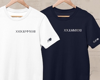 Roman Numeral Embroidered Matching T-shirts, Personalised Couple Birthday Top, Custom Wedding Date Memorial Tee, 30th Birthday Gift for Men