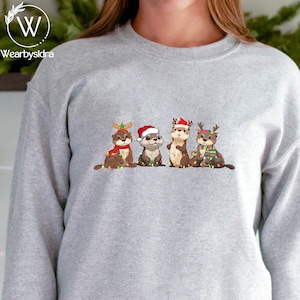 Otters Christmas Crewneck Sweaters, Otters with Christmas Lights Printed Sweatshirts, Xmas Family Jumpers, Christmas Gifts for Animal Lovers