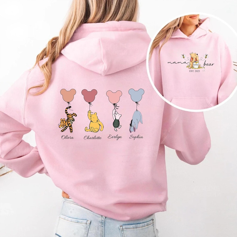Mama Bear Hoodie, Custom Mothers Day Hoodies with Names on Back, Custom Momma Hoodie, New Mum Gift, Hoodie gift for Mum, Present for New Mom Light Pink