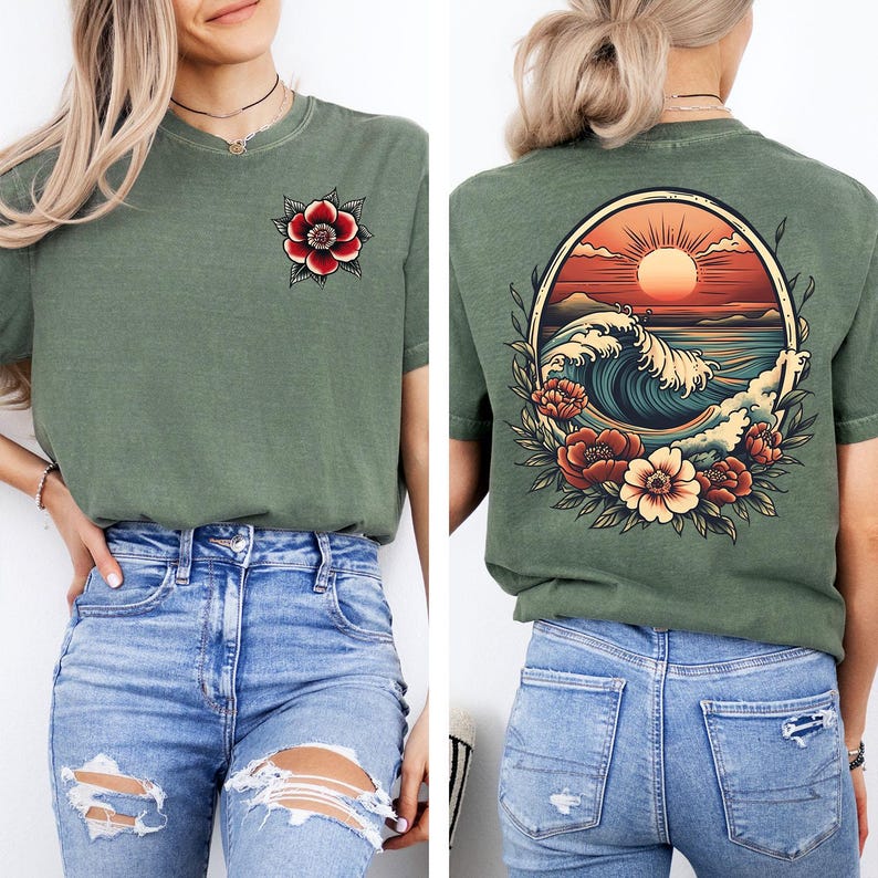 May include: A green t-shirt with a floral design on the left side and a wave design with a sunset on the back. The shirt is being modeled by a person wearing blue jeans.