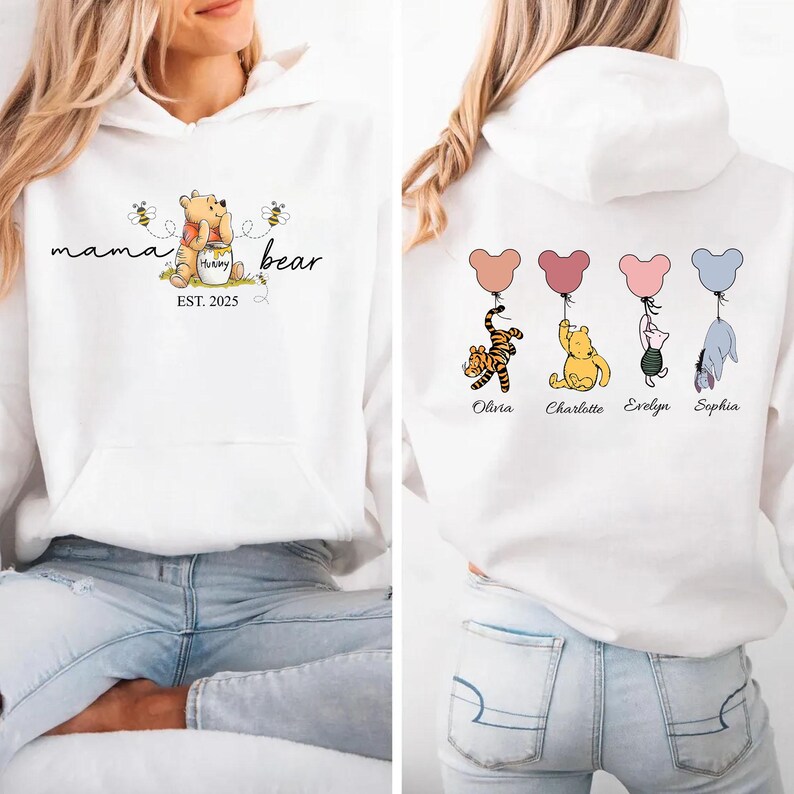 Mama Bear Hoodie, Custom Mothers Day Hoodies with Names on Back, Custom Momma Hoodie, New Mum Gift, Hoodie gift for Mum, Present for New Mom White