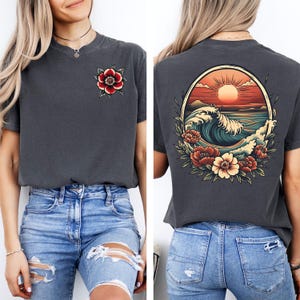 Vintage Traditional Sunset Beach Shirt, Floral Tattoo Style Summer Vacation Women Tees,