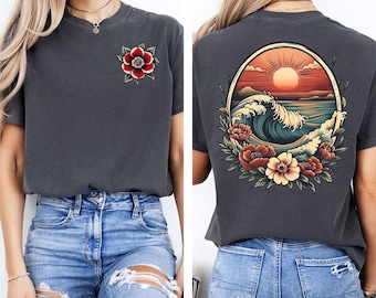 Vintage Traditional Sunset Beach Shirt, Floral Tattoo Style Summer Vacation Women Tees, Cool Aesthetic T-Shirt, Gift for Her, Vacation Shirt