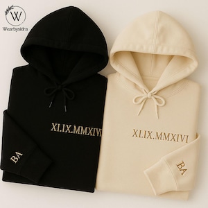 Custom Embroidered Roman Numeral Hoodie, Personalised Wedding Date Couple Hoodies, His & Hers Matching Jumpers, Anniversary Gift for Him