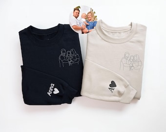 Embroidered Portrait Sketch Sweatshirt, Custom Outline Drawing Sweater, Personalised Couple Date On Sleeve Jumpers, Memorial Gifts for Dad