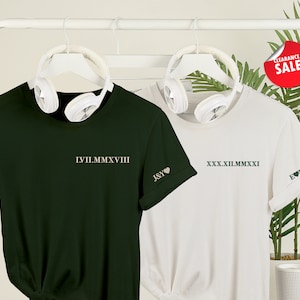 Embroidered Roman Numeral T-Shirts, Personalised Initials Couple Matching Shirt, Custom Wedding Date Tee, Memorial Anniversary Gift for Him