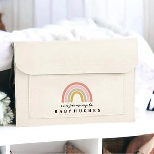 Può includere: Una scatola di contenimento in feltro beige con un design arcobaleno e il testo "our journey to BABY HUGHES".