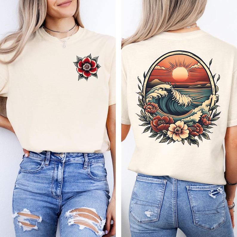 May include: A white t-shirt with a red flower on the front and a vintage-style illustration of a wave crashing in the ocean with a sunset behind it on the back.