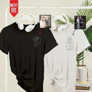 Op maat geborduurd portret portret papa T-shirt, gepersonaliseerde schets van foto T-shirt, eerste top koppel, familiematch, verjaardagscadeaus vader