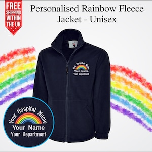 May include: Navy blue fleece jacket with a zipper closure and a rainbow embroidered patch that says "Your Hospital Name, Your Name, Your Department".