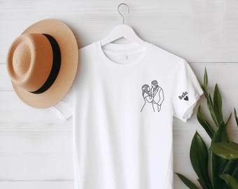 Embroidered Outline Portrait T Shirt, Personalised Sketch from Photo Shirt, Personalised Couple Initial Tees, Family Matching, Memorial Gift