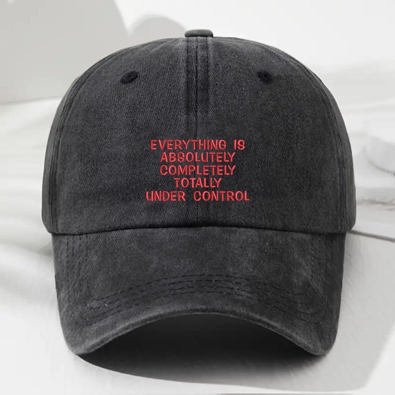 May include: A black baseball cap with the embroidered text "EVERYTHING IS ABSOLUTELY COMPLETELY TOTALLY UNDER CONTROL" in red. The cap has a curved brim and a button on top.