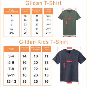 May include: Size chart for Gildan T-shirts in adult and kids sizes. The chart shows chest width, body length, and sleeve length in inches. The chart is divided into two sections: adult sizes and kids sizes. The adult sizes are S, M, L, XL, and 2XL. The kids sizes are 3-4, 5-6, 7-8, 9-11, and 12-13.