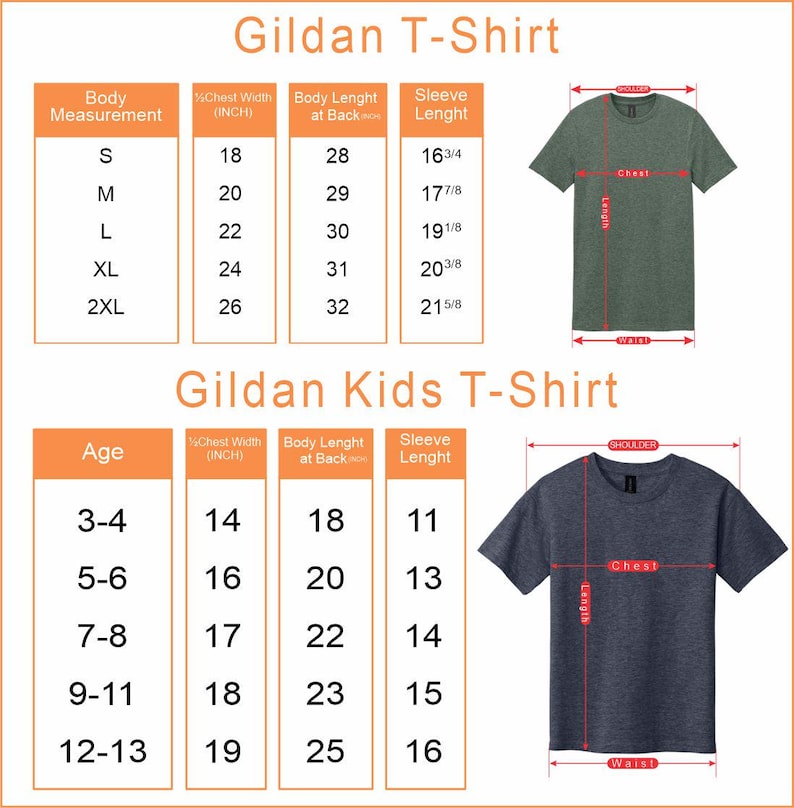 May include: Size chart for Gildan T-shirts in adult and kids sizes. The chart shows chest width, body length, and sleeve length in inches. The chart is divided into two sections: adult sizes and kids sizes. The adult sizes are S, M, L, XL, and 2XL. The kids sizes are 3-4, 5-6, 7-8, 9-11, and 12-13.