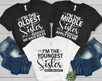 Sibling Matching Outfit, Oldest Middle Youngest Shirts for Kids, Family Matching Printed T-Shirts, Funny Sibling Gift, Brother Sister Tops