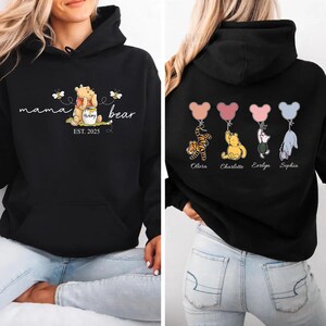 Mama Bear Hoodie, Custom Mothers Day Hoodies with Names on Back, Custom Momma Hoodie, New Mum Gift, Hoodie gift for Mum, Present for New Mom Black