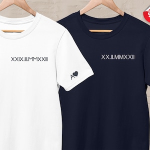 Camisetas a juego con números romanos bordados, camiseta personalizada de cumpleaños para pareja, camiseta conmemorativa con fecha de boda personalizada, regalo de cumpleaños número 30 para hombres