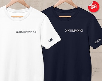 Roman Numeral Embroidered Matching T-shirts, Personalised Couple Birthday Top, Custom Wedding Date Memorial Tee, 30th Birthday Gift for Men