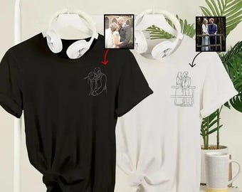 Custom Embroidered Outline Portrait Dad T-Shirt, Personalized Sketch from Photo Tee, Couple Initial Top, Family Matching, Dad Birthday Gifts