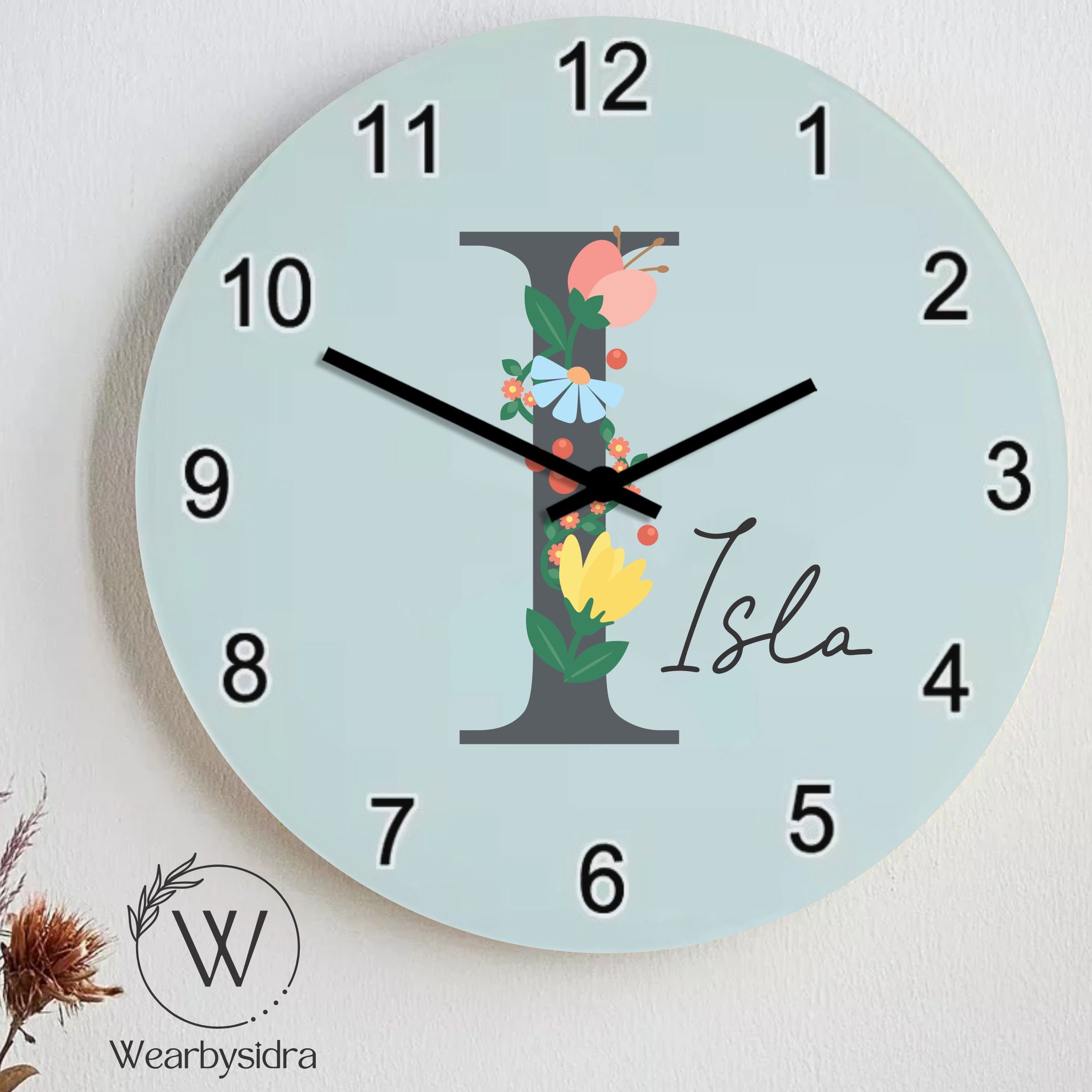 Personalised Clock for Girls, Custom Floral Initial With Name Kids ...