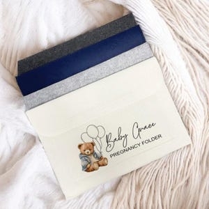 May include: A white folder with a teddy bear and balloons graphic. The text "Baby Grace Pregnancy Folder" is printed on the folder.