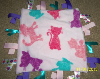 Homemade Fleece Ribbon Blanket, Cats on Pink