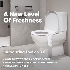 May include: A white toilet with a toilet seat lid open. A white device with a blue logo is attached to the side of the toilet. The text "A New Level Of Freshness" and "Introducing LooLoo 3.0" is displayed above the toilet. The text "MORE EFFECTIVE ODOR BLOCKING SCENTS", "IMPROVED PUMP FOR OPTIMAL SCENT DIFFUSION", and "LONGER BATTERY LIFE" is displayed below the toilet.