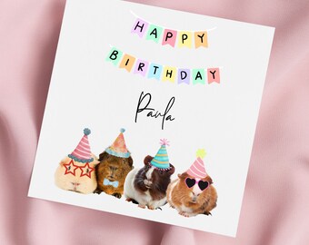 Birthday Card with Guinea Pigs and Party Hats, Guinea Pig Greeting Card, Guinea Pig Card, Special Birthday, Personalised Card