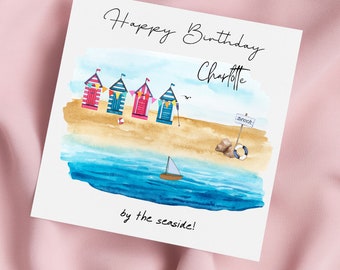 Carte d'anniversaire bord de mer avec cabines de plage, carte d'anniversaire de plage, carte de voeux au bord de la mer, carte personnalisée