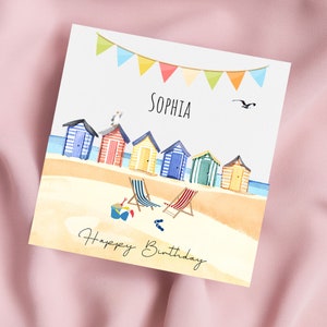 Carte d'anniversaire bord de mer avec cabines de plage, carte d'anniversaire de plage, carte de voeux au bord de la mer, carte personnalisée