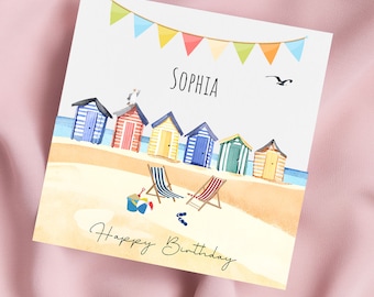 Carte d'anniversaire bord de mer avec cabines de plage, carte d'anniversaire de plage, carte de voeux au bord de la mer, carte personnalisée