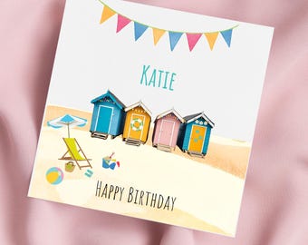 Carte d'anniversaire bord de mer avec cabines de plage, carte d'anniversaire de plage, carte de voeux au bord de la mer, carte personnalisée