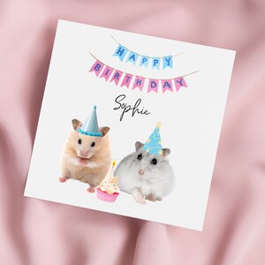 Carte d'anniversaire avec des hamsters dans des chapeaux de fête, carte de hamster, carte personnalisée