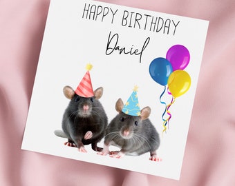 Birthday Card with Cute Rats and Party Hats, Rats Greeting Card, Rats Card, Special Birthday, Personalised Card