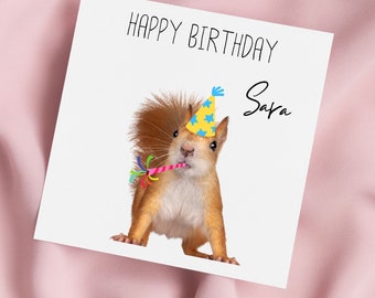 Birthday Card with Squirrel in Party Hat, Squirrel Greeting Card, Squirrel Card, Special Birthday, Personalised Card