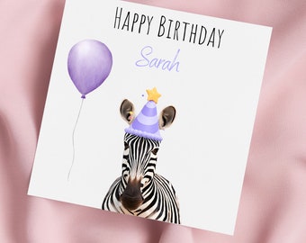 Zebra Birthday Card, Zebra Card, Greeting card, Personalised Card